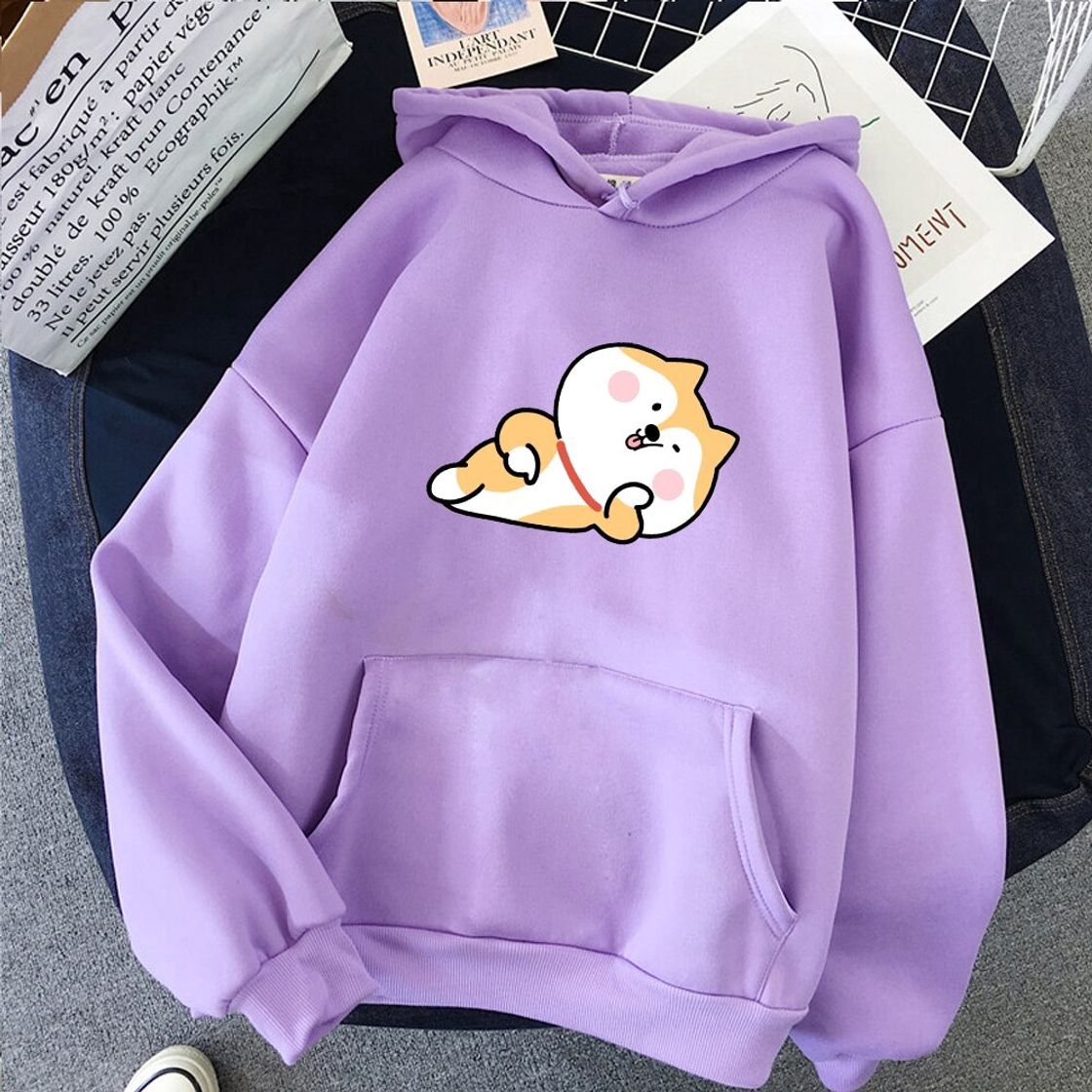 Fashion Sudaderas Mujer Women Harajuku Hoodies Cartoon Dog Shiba Inu Anime Printed Sweatshirt Sudadera Mujer Moletom Feminino Kawaii Pullover Top Blue L