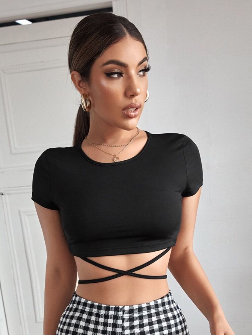 Fashion Solid Crisscross Tie Back Crop Tee