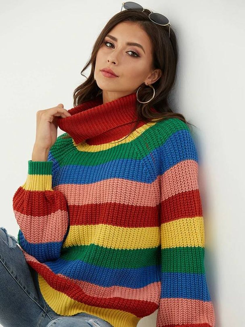 Fashion Color Block Turtleneck Long Sleeves Jumper

