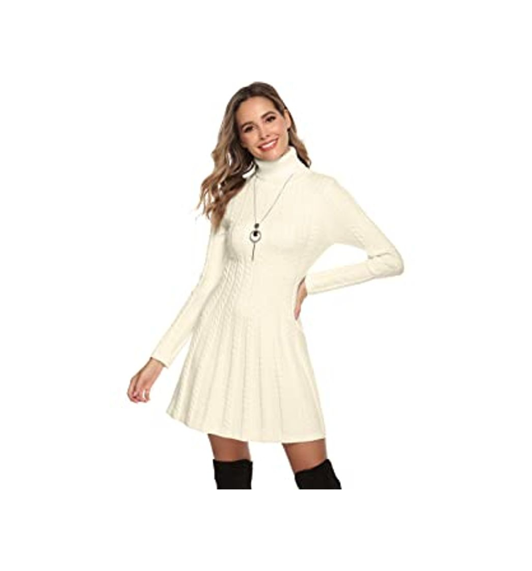 Fashion Hawiton Vestido de Punto para Mujer Elegante Vestido de Suéter de Cuello Alto Jersey de Manga Larga de Una Línea para Otoño Invierno