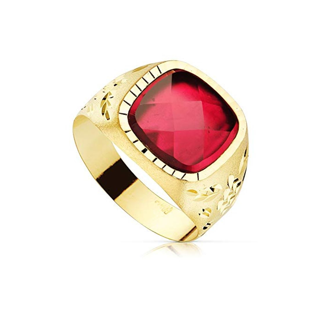 Moda Sello oro 18k hombre hueco detalles tallados centro piedra roja 11x11mm