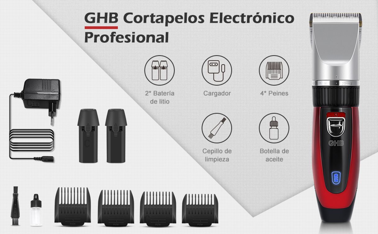 Product GHB Cortapelos Electrónico Maquinilla Cortar Pelo Ajustable con 4 Peines 2 baterías Color Rojo Adecuado para Barba y Bigote