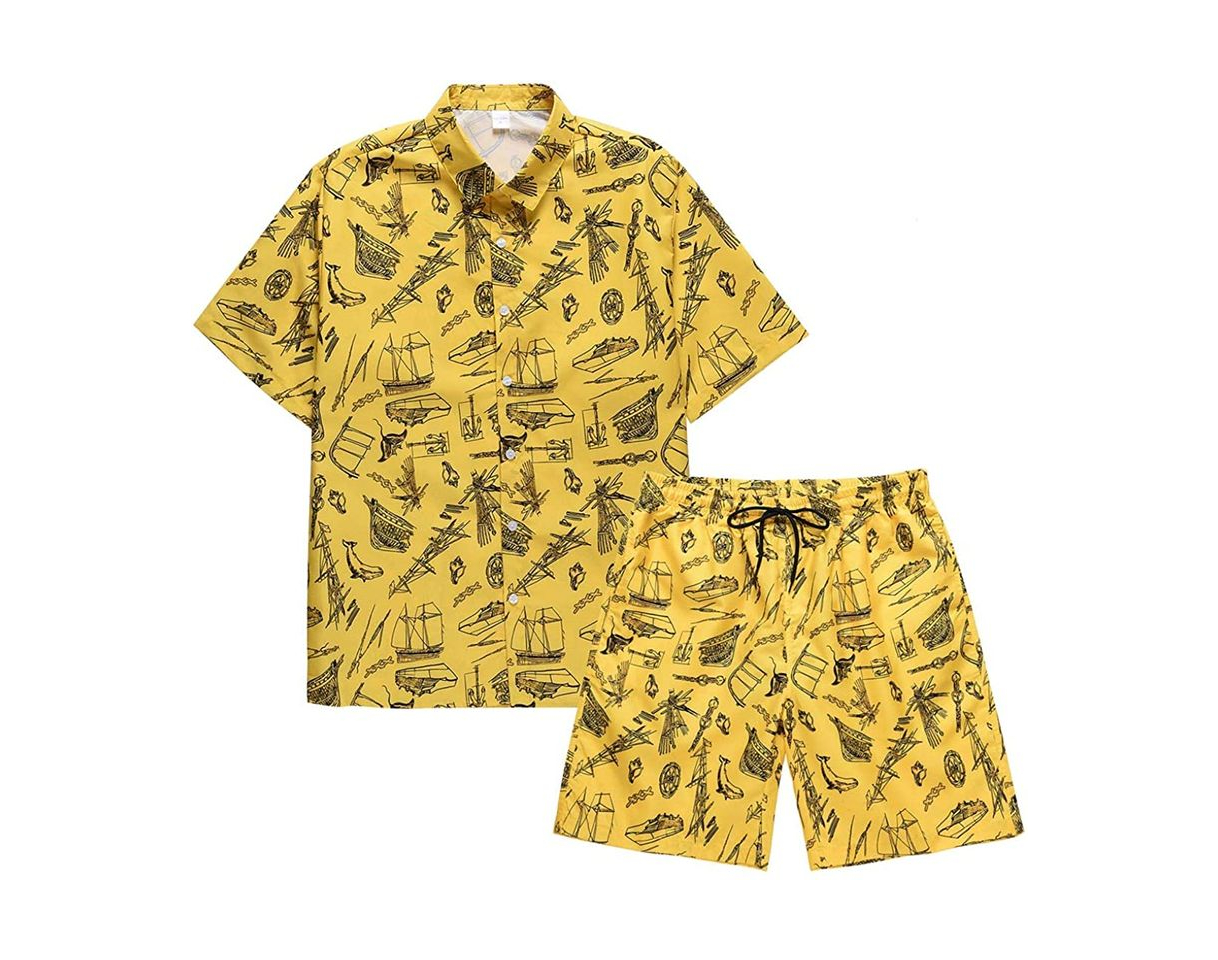 Social HISDERN Hombre Funky Hawaiian Floral Bird Camisas Manga Corta Bolsillo Delantero Vacaciones de Verano Aloha Impreso Playa Casual Amarillo Hawaii Camisa