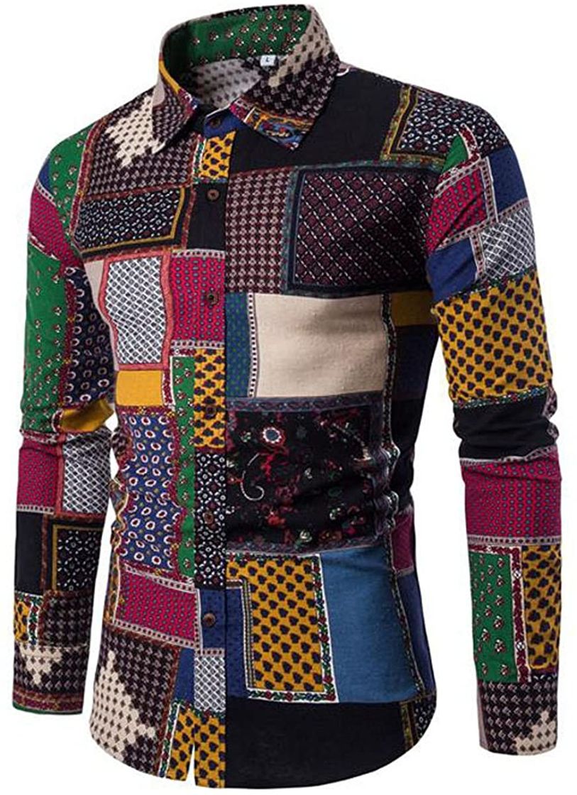 Social Camisa de Vestir para Hombre Camisa de Lino Estampada Funky de Manga Larga Camisa Casual Elegante Floral Tops Patrón único