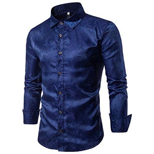 Loeay Camisa de Seda con Estampado Floral Hombres Moda Slim Fit Manga Larga Camisas para Hombres Fiesta Evento Camisa Social Masculina Azul Marino XL