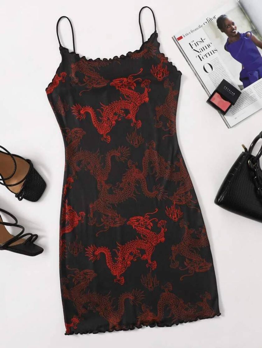 Social Lettuce Trim Chinese Dragon Print Dress | SHEIN USA