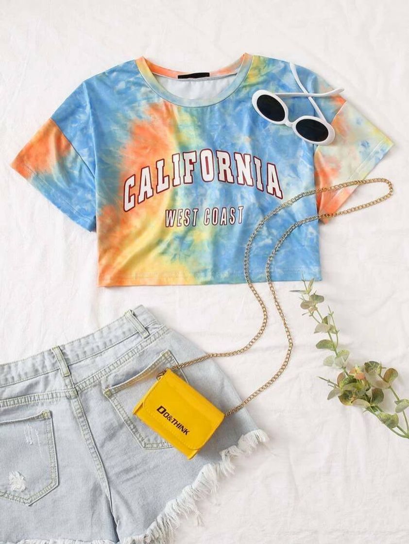 Moda Slogan Graphic Tie Dye Crop Tee -SHEIN