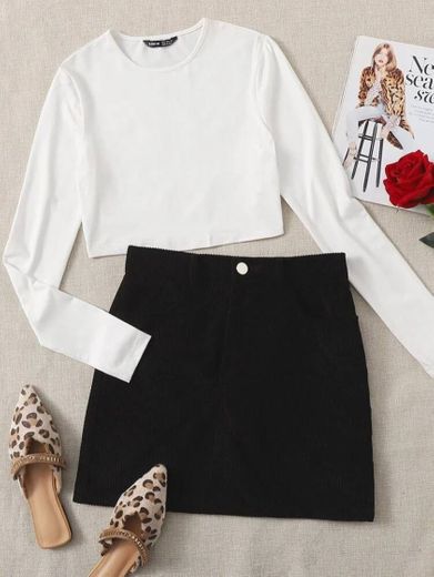 Crop Solid Tee & Button Pocket Cord Skirt Set | SHEIN USA