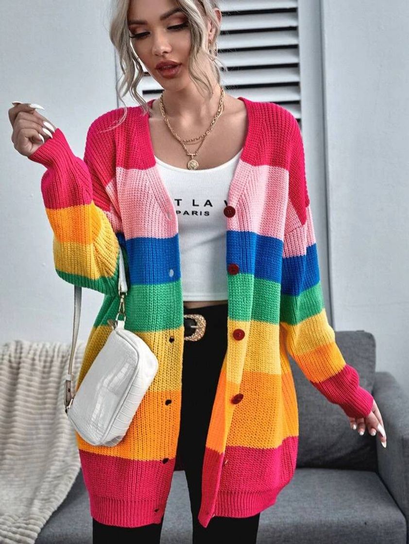 Moda Button Front Drop Shoulder Rainbow Stripe Cardigan |