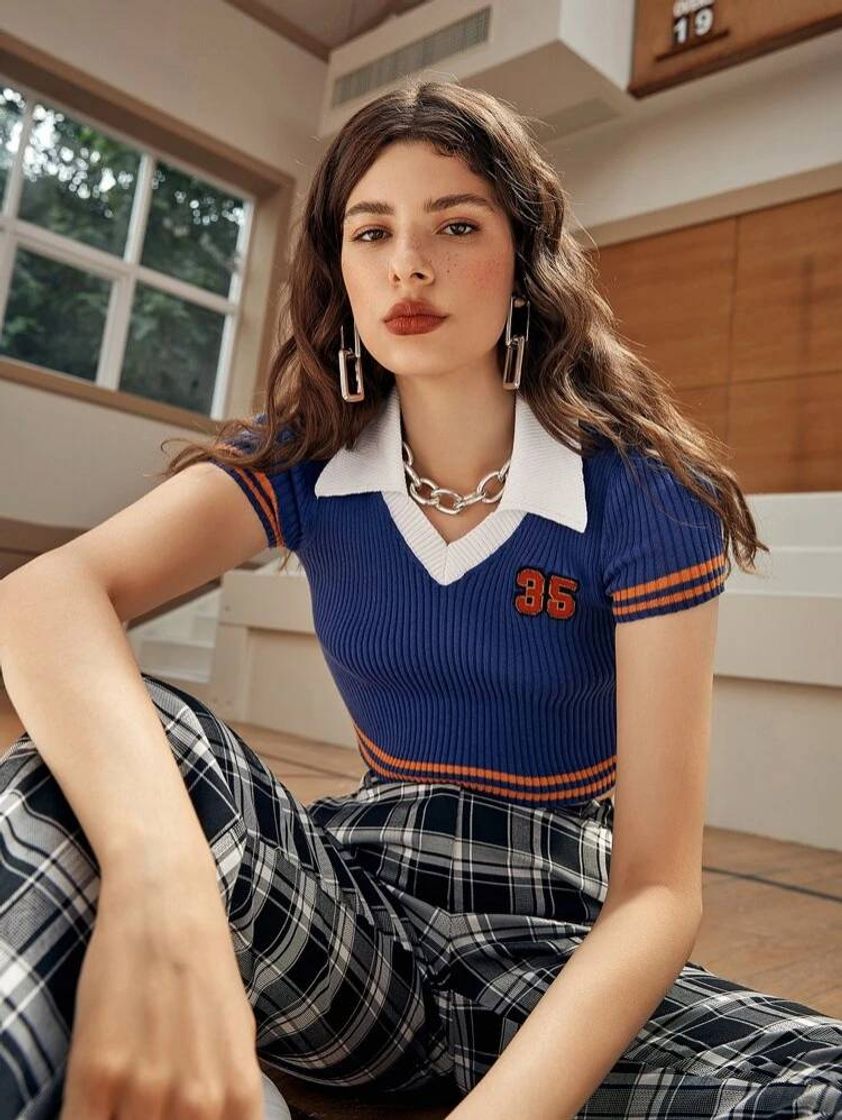 Social Number Patched Striped Trim Knit Top | SHEIN USA