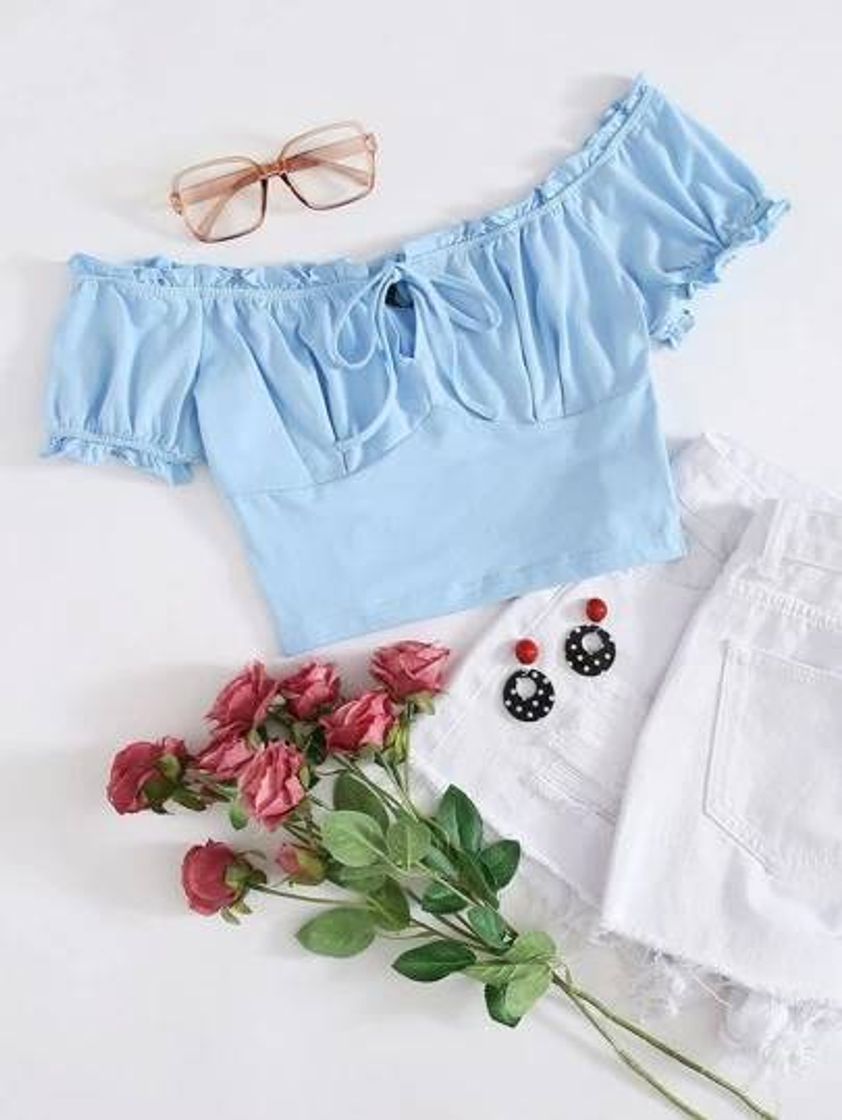 Fashion Azul Bébé Babado Simples Boho Top

