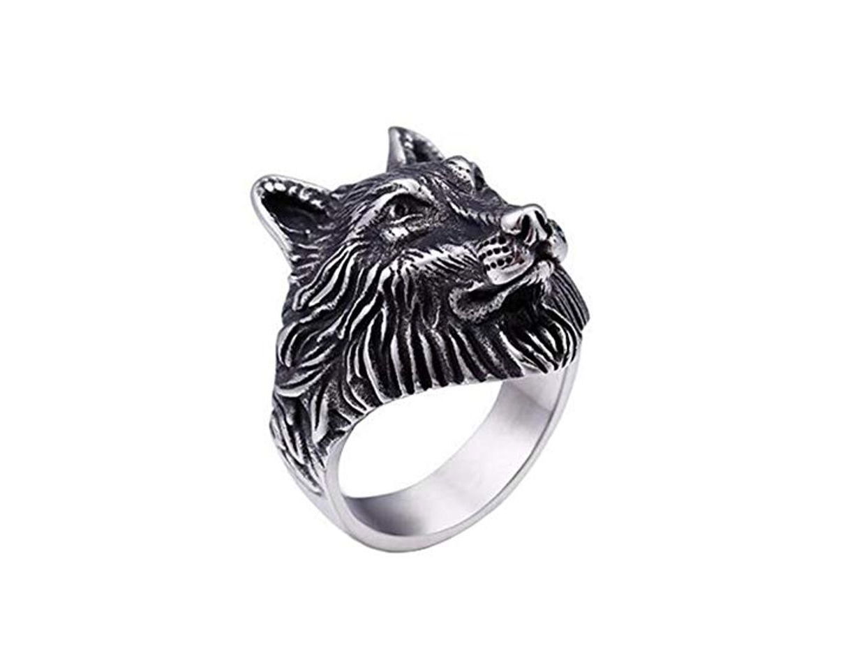 Belleza PAMTIER Anillo Cabeza de Lobo para Hombre Acero Inoxidable Plateado Talla 19