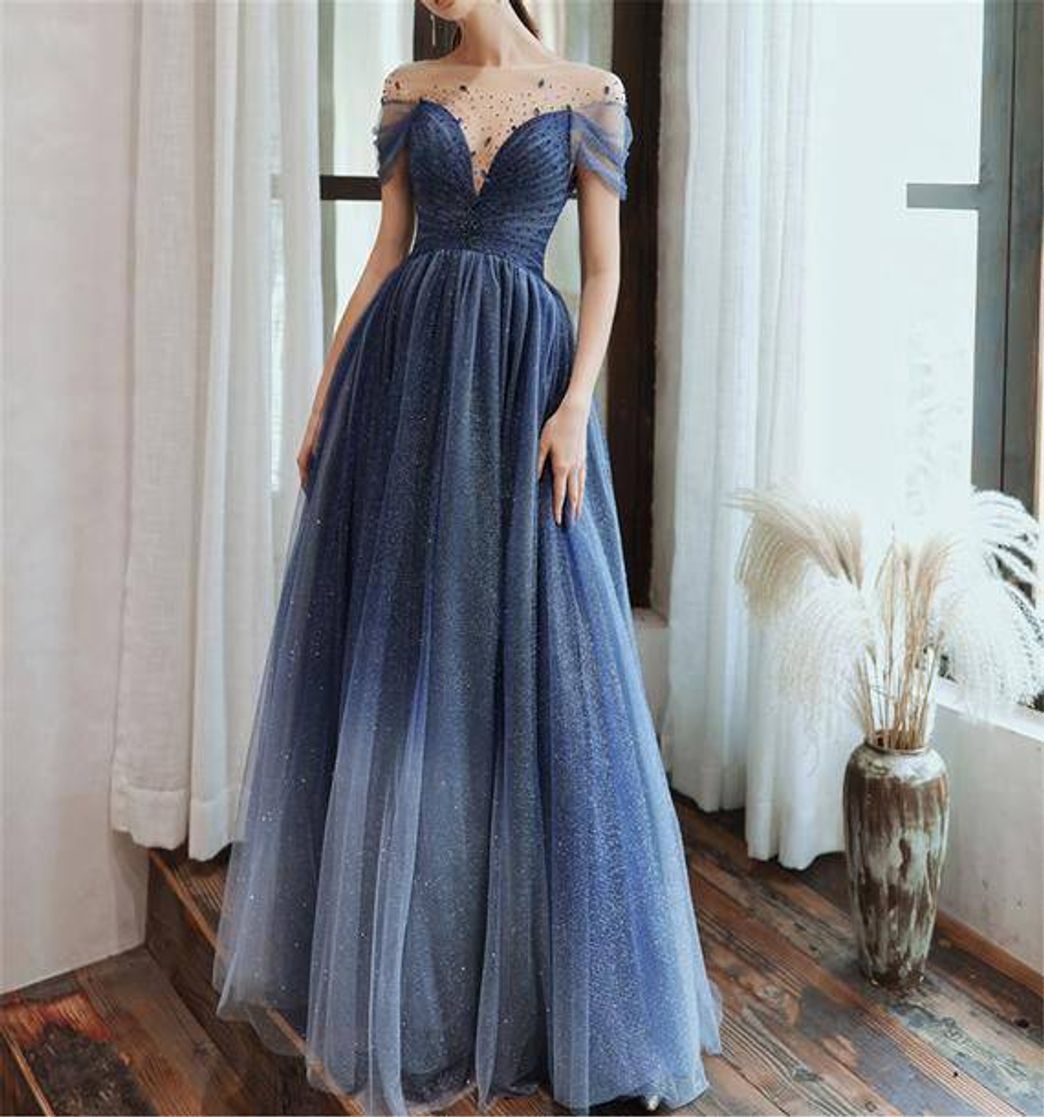 Moda Blue starry prom dress Glitter evening 