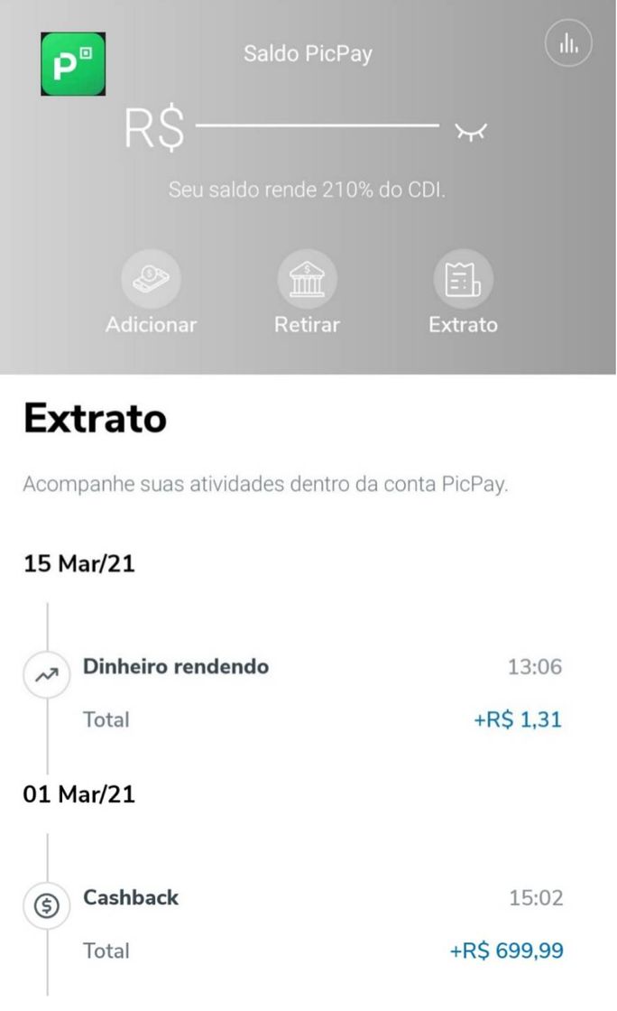 Fashion No picpay seu dinheiro rende 210% do CDI  