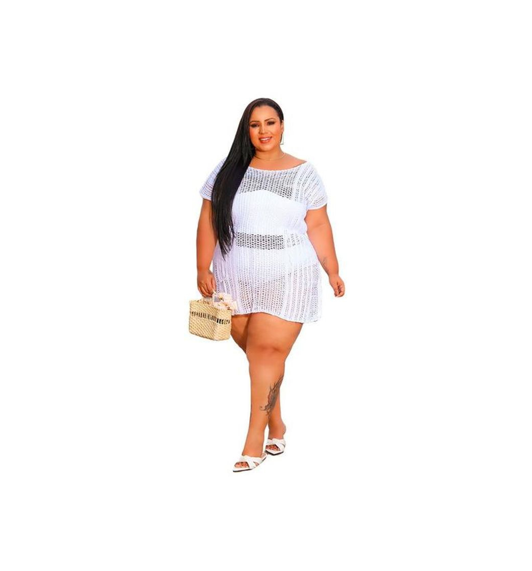 Moda Saída de Praia Plus Size Tricot Fenda Acinturada