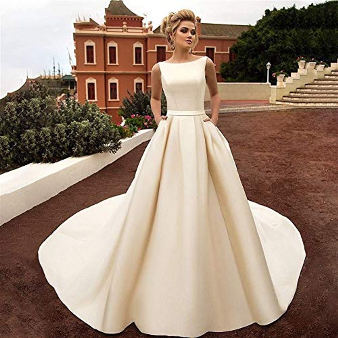 Fashion Simplicidad Elegante Vestido de Novia Scoop Elegante Arco sin Respaldo Sexy Satén Suave Simplicidad Elegante Vestido de Novia Nuevo sin Mangas Vestidos de Novia Simples Vestido de Noiva Simplicidad E