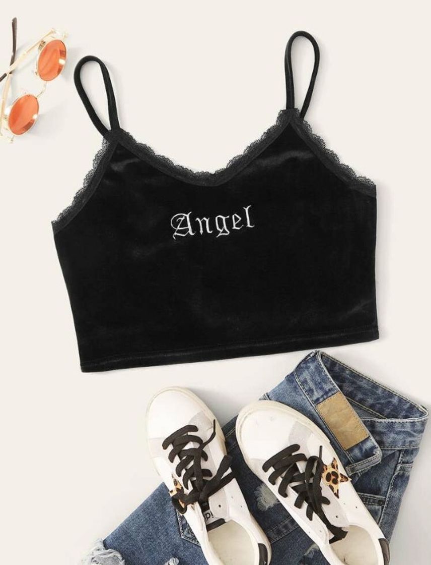 Producto Top de tirante de terciopelo con bordado “Angel”