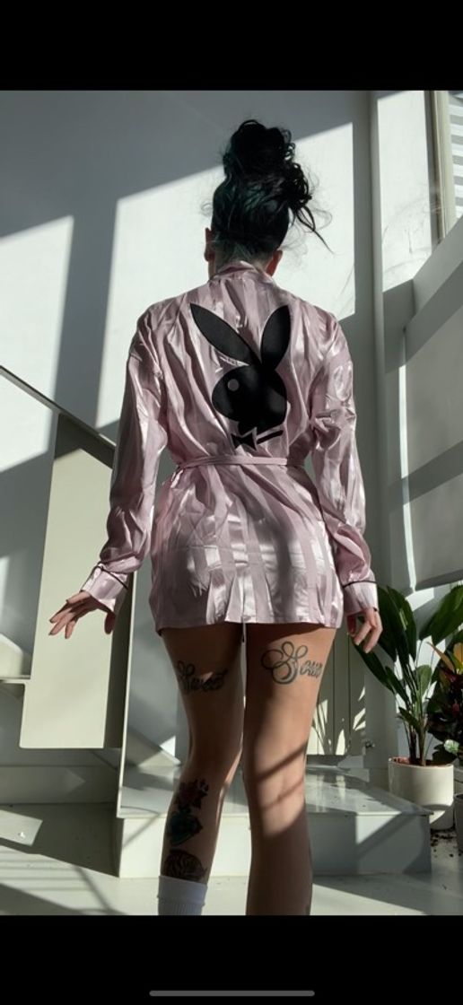 Moda Playboy x Missguided Pink Satin Stripe Bunny Dressing Gown