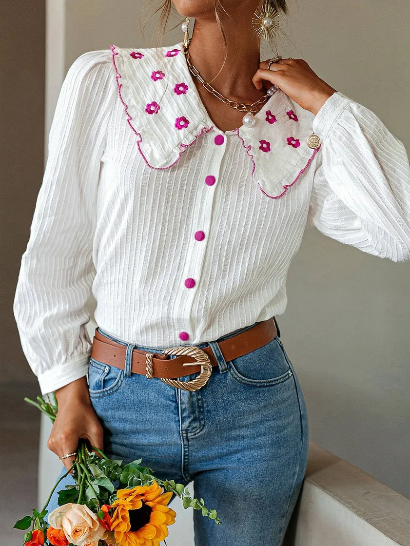 Moda Simplee Blusa Con Bordado De Flor Fruncido De Cuello Exagerado De Manga Obispo