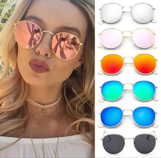 Óculos de Sol Estilo Aviador Retro Com Lentes Redondas