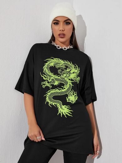 Camiseta amplia de hombros caídos con estampado de dragón 🐉