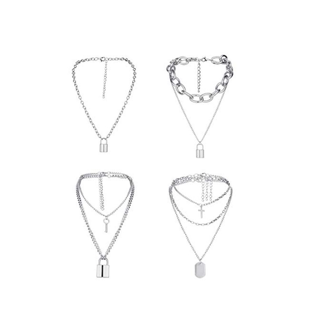 Social Milacolato Collar Colgante con Llave de Bloqueo de 4 Piezas Eboy Egirls Cadena Punk Cadena Cruzada de Múltiples Capas con Etiqueta de Perro para Mujeres Hombres