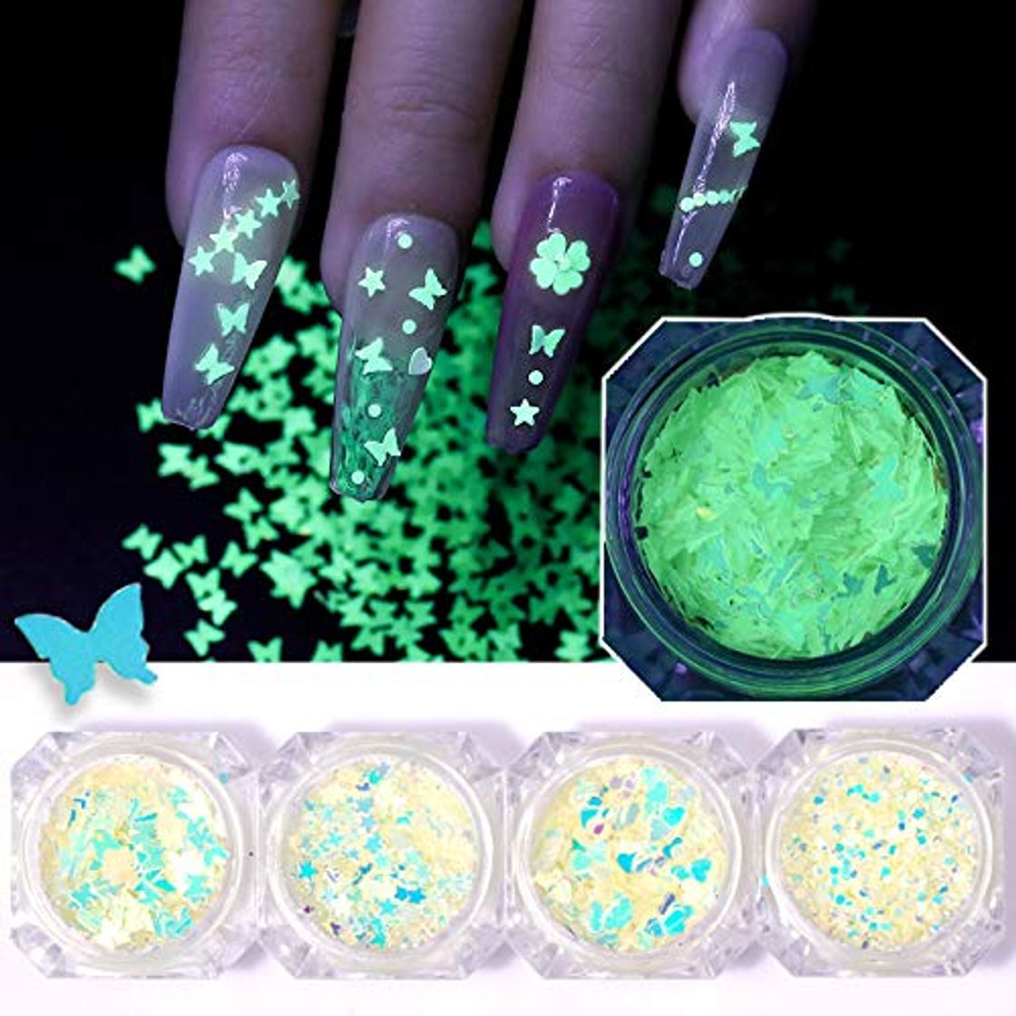 Social BISHENG 4 PCS Nail Art Fluorescente Brillo Paillette Night Light Glow DIY Nail Art Manicura Decoración