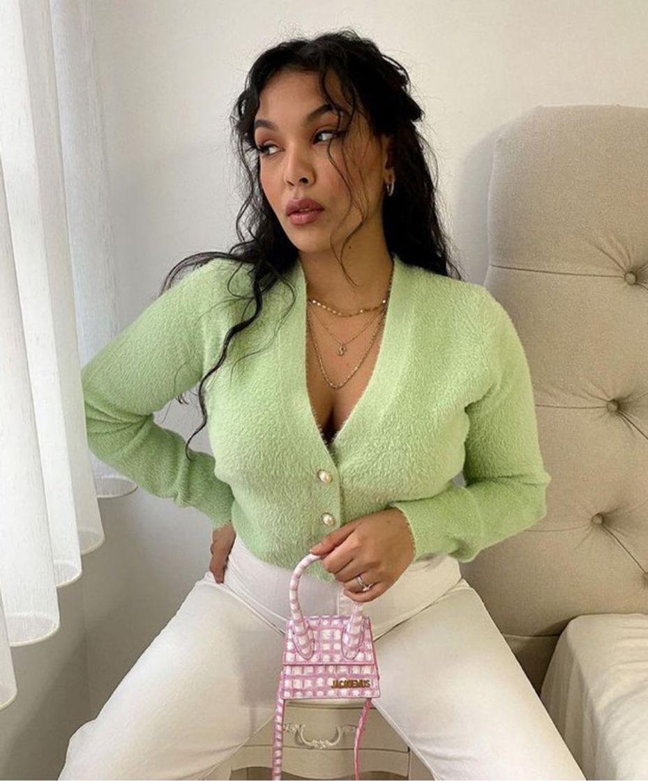 Green fluffy cropped cardigan
