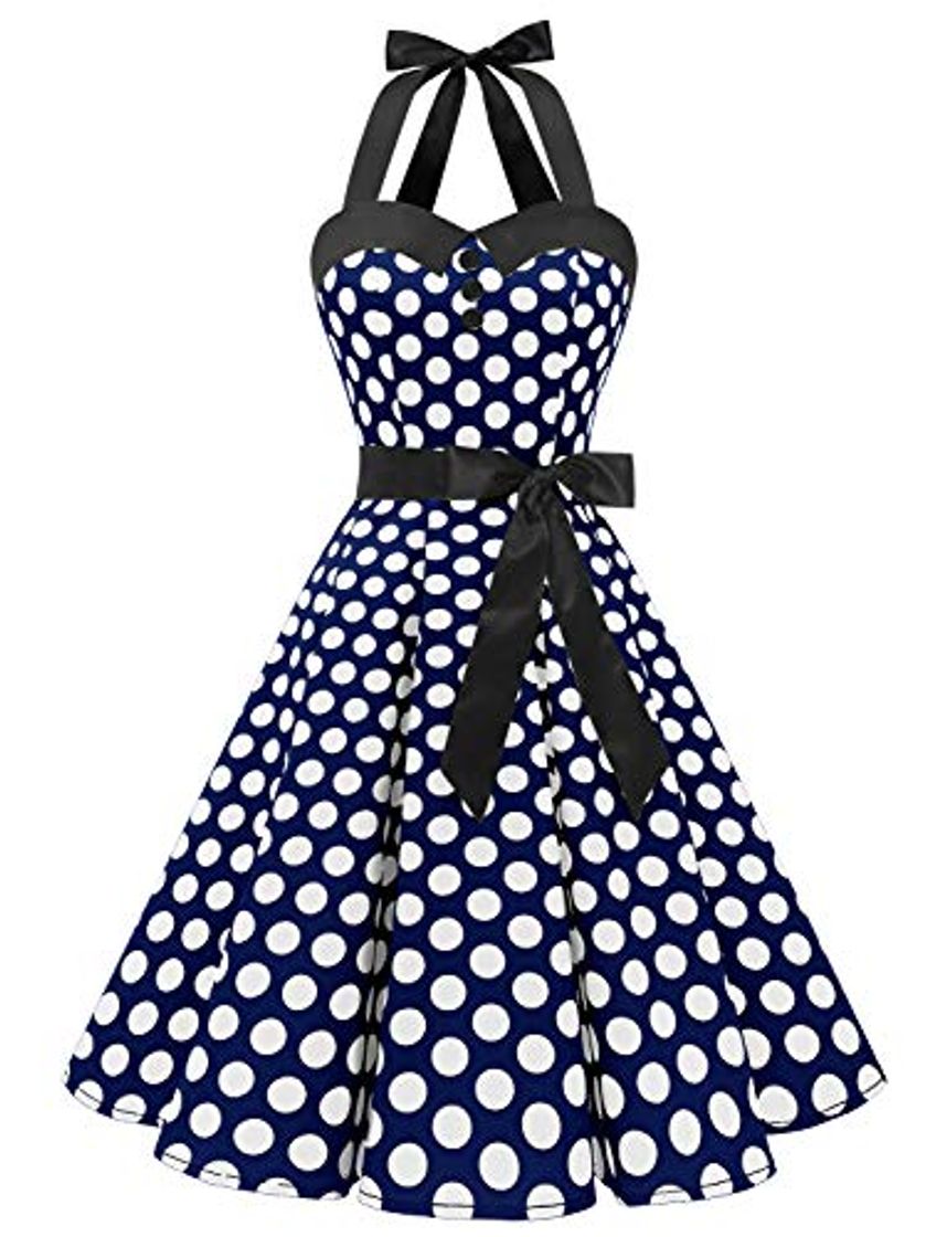 Social Dressystar Vestidos Corto Cuello Halter Estampado Flores y Lunares Vintage Retro Fiesta 50s 60s Rockabilly Mujer Marino Blanco Lunares L