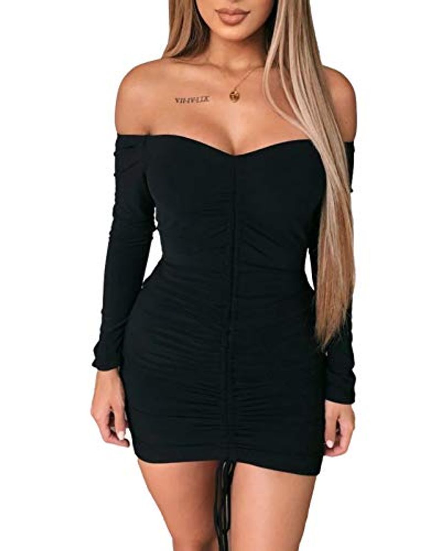 Moda AMABILEMIA Vestido corto elegante para mujer mini vestido sexy negro de manga larga vestido de noche ajustado vestido de fiesta AM397 Negro L