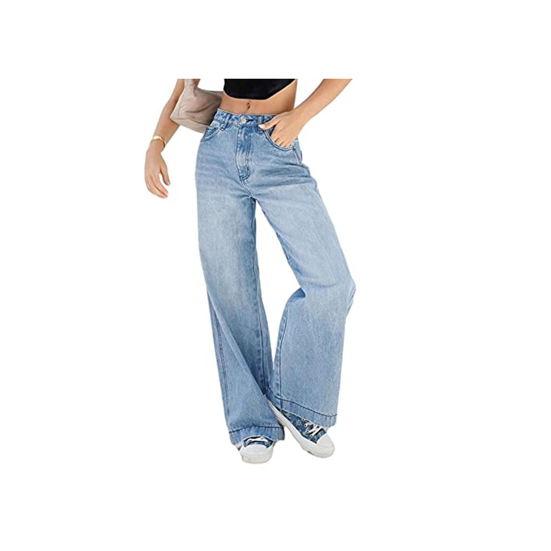 Social Women's Wide Leg Baggy Denim Jeans Casual Mid Waisted Straight Pants Trouser