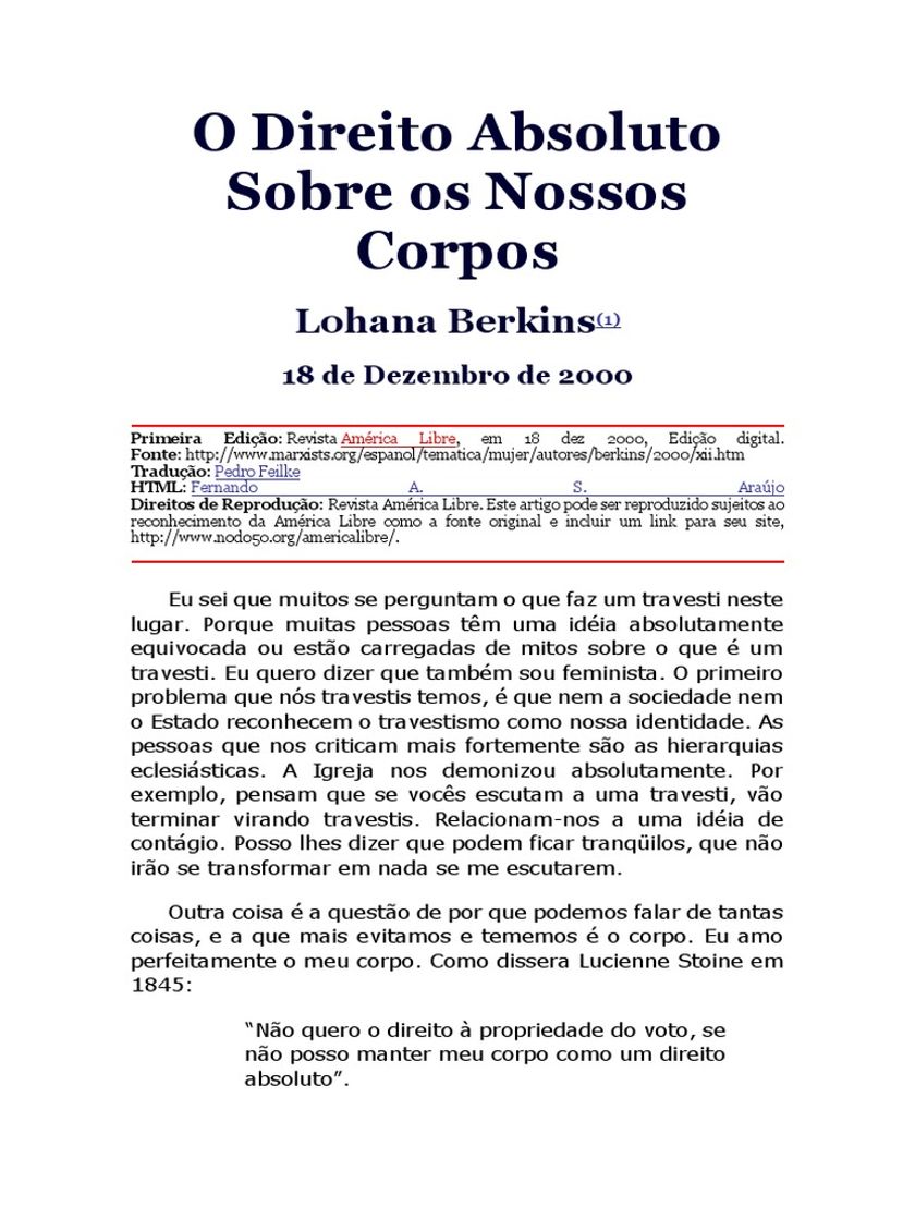 Libro O direito absoluto sobre nossos corpos, Lohana Berkins