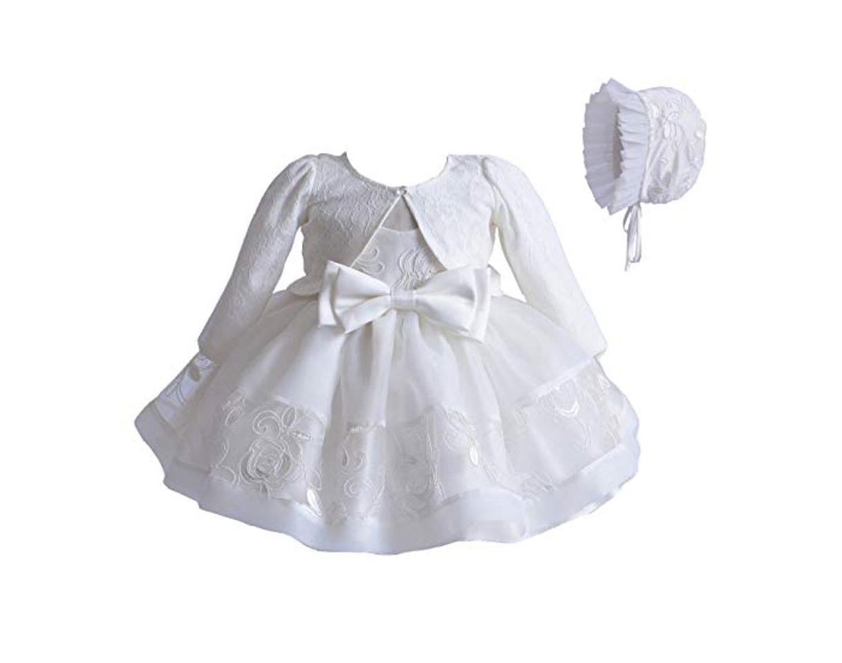 Fashion Vestido de Bautizo para Bebé Niña Vestido Formal de Novia de Boda de Encaje sin Manga 3 Piezas Conjunto de Chal Sombrero Skirt con Bowknot para Ceremonia