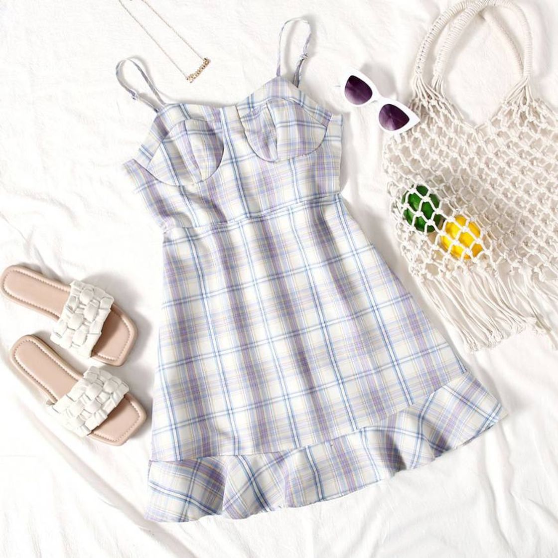 Fashion Runffle hem tartan bustier cami dress