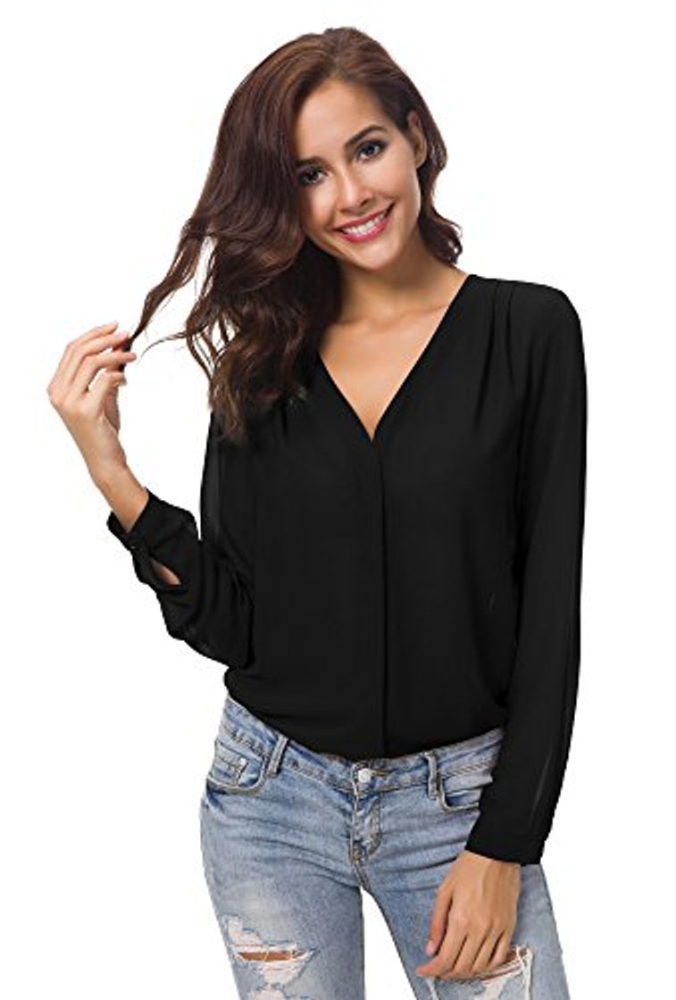 Social Urban GoCo Blusa de Gasa con Escote en V Mangas Largas y