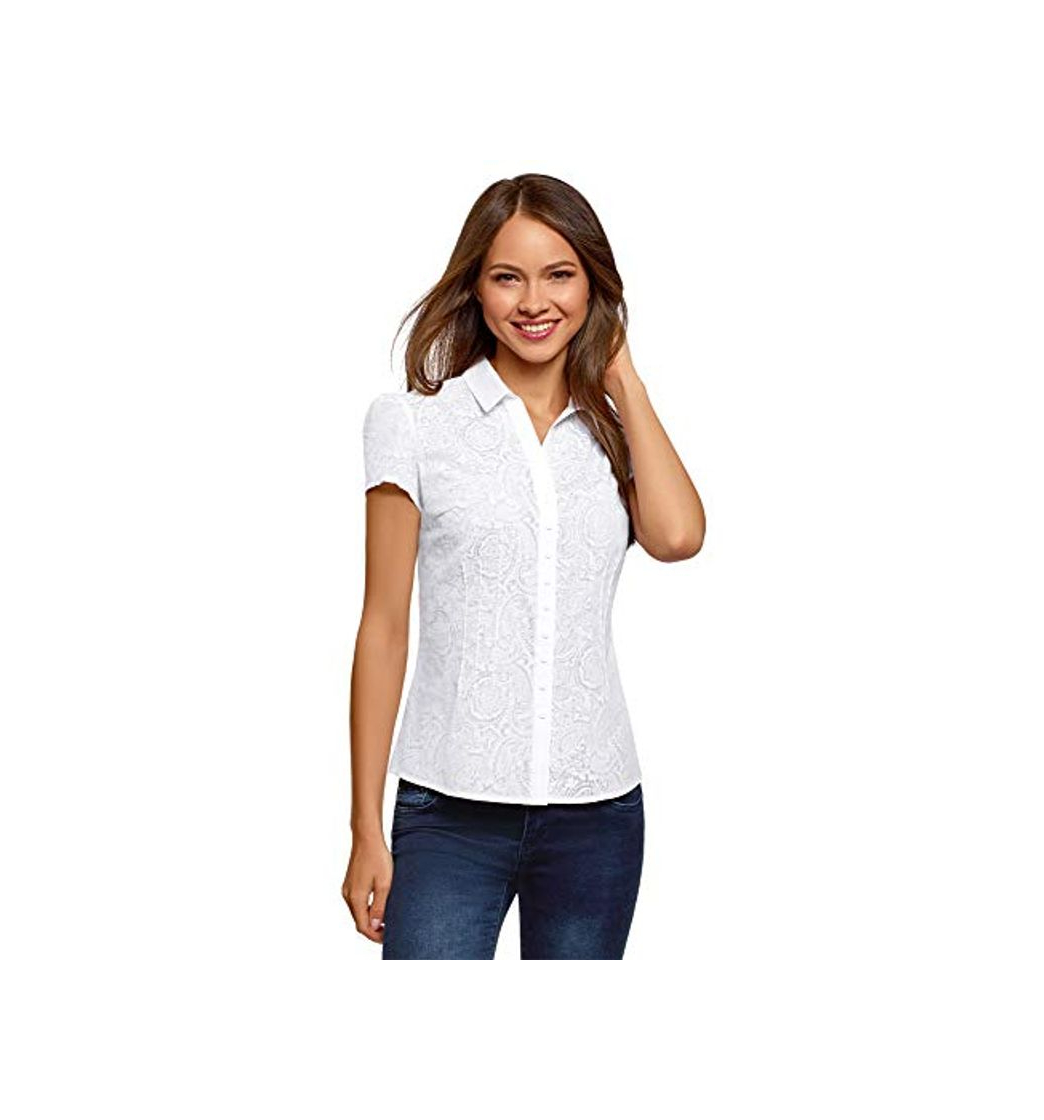 Fashion oodji Collection Mujer Blusa Entallada de Manga Corta, Blanco, ES 44