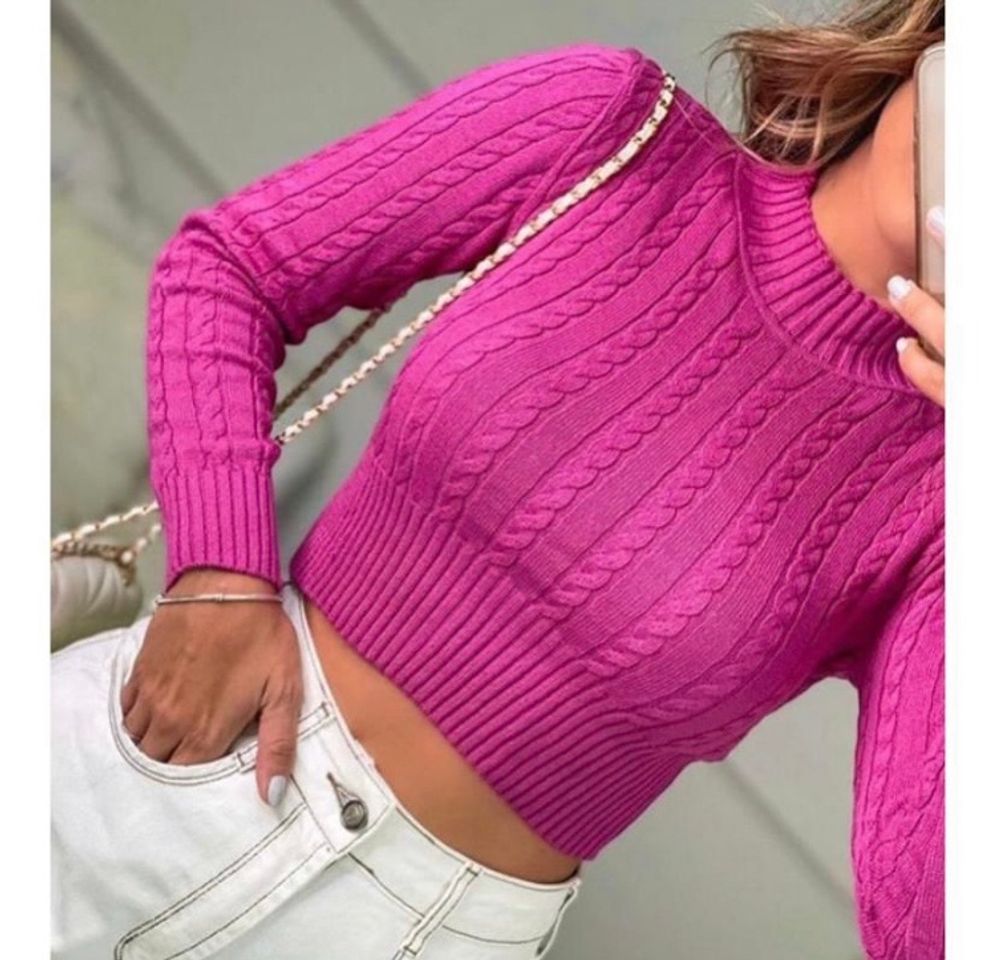 Fashion Cropped tricot feminina com manga longa 