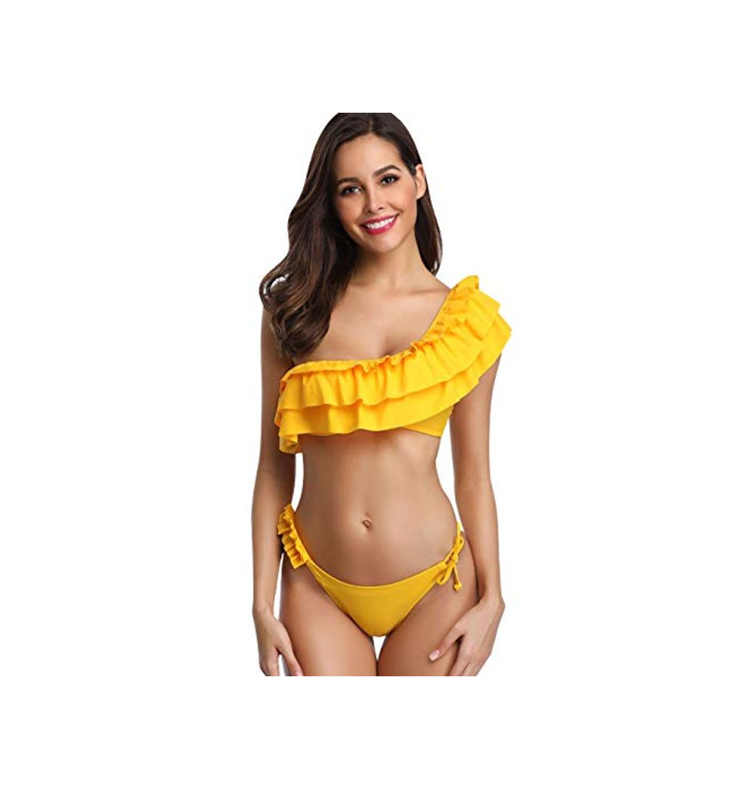 Fashion Bikini Brasileño Triangulo Volantes Bikinis con Relleno Mujer Bañador Push Up Bandeau Dos Piezas Natacion Trajes de Baño Mujer Bañadores Señora Playa Trikini Biquini Piscina Mujeres Amarillo L