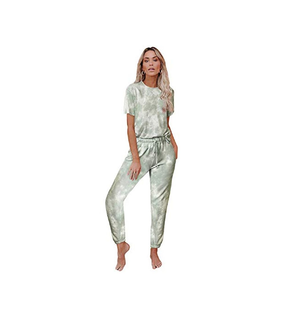 Moda Conjunto Interior Mujer Dos Piezas Tie Dye Camiseta y Leggings Niña Ropa de Dormir Arco Iris Pijama Manga Corta Pantalon Largo Chandal Deporte Señora Traje de Casa Lenceria Camison Verano