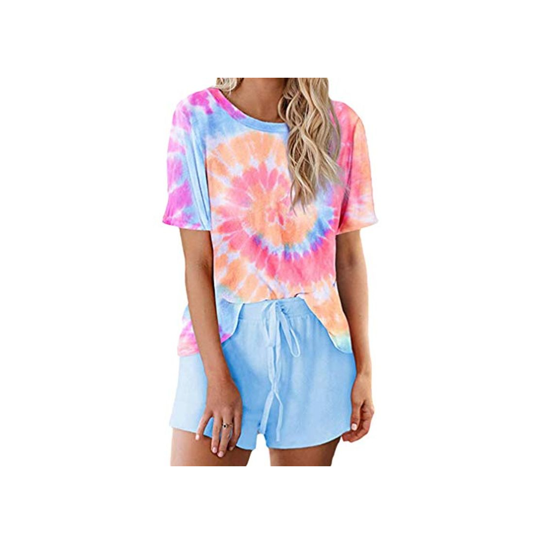 Moda Yying Conjunto de Pijama Estampado Tie Dye para Mujer Camiseta sin Mangas Top y Pantalones Cortos con Volantes PJ Set Ropa de Dormir Ropa de Dormir Ropa de Dormir