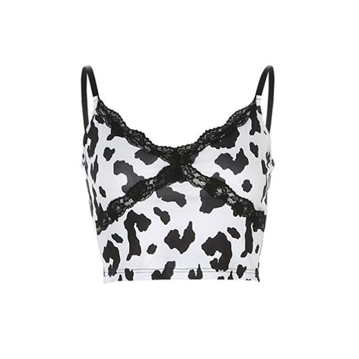 ABOOFAN Women Lace Crop Top Animal Cow Print sin Mangas Cami Top Backless Spaghetti Strap Crop Tops con Cuello en V Summer Vest for Casual Female Shirt Size L