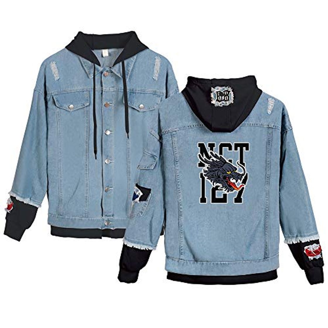 Moda NCT 127 Chaqueta Vaquera con Capucha Mujer Hombre Hip Hop Sudadera 2 en 1 Patchwork Abrigo Jeans Old School Blazer Denim Bomber Piloto Jacket Aviator Cardigan Jaqueta A15261NZ0122L