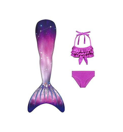 DNFUN 3pcs Traje de Baño de Cuello Hálter con Cola de Sirena Bikini Set para Niña