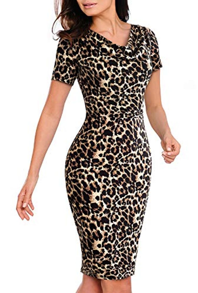 Productos HenzWorld Ladies Sexy Impreso Leopardo Envuelto en Las Caderas Bodycon de Manga Corta Delgado Vestido de Tubo Cóctel Casual Cuello Redondo Midi Vestido de Mujer Leopardo Talla S