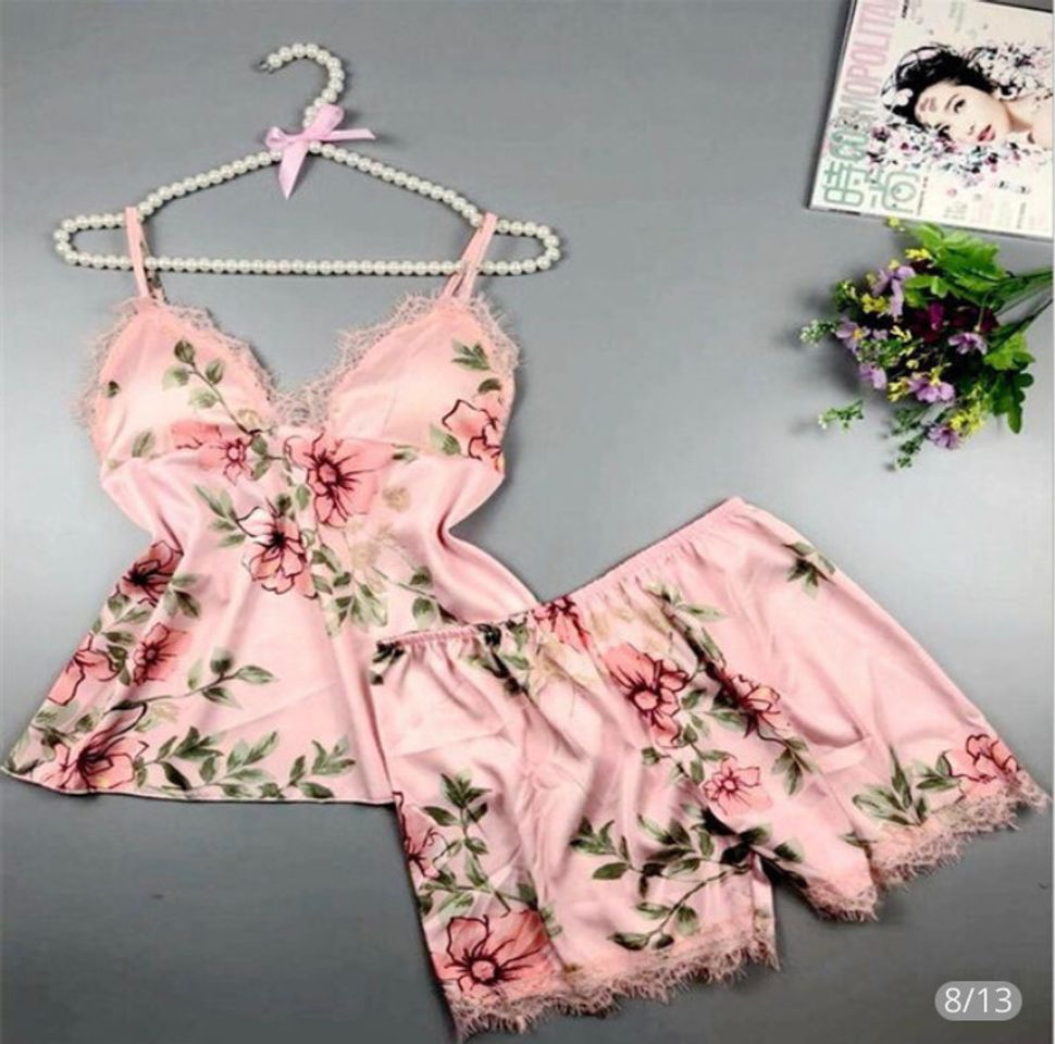 Fashion Roupa de Dormir Feminino Cetim Floral