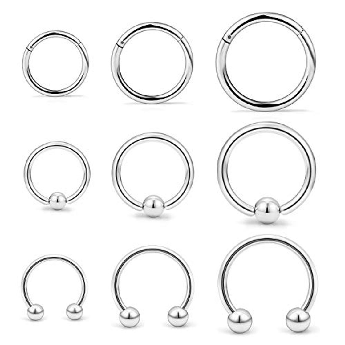 Product Briana Williams 16G 9pcs Septum Clicker Acero Quirúrgico Nariz Labio Hélice Cartílago Tragus Aro Oreja Segmento Cuenta Cautiva Herradura Piercing