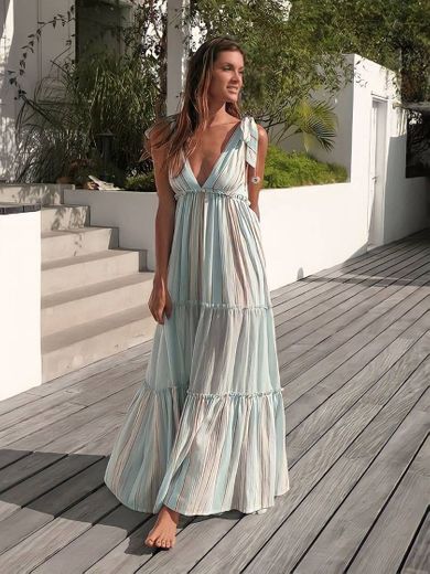 Vestido longo com listras verticais