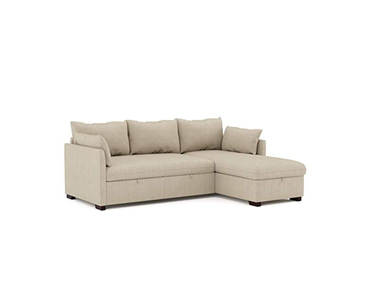 Social Confort24 Orlando Hogar Sofá Cama 3 Plazas Chaise Longue Esquinero Reversible Izquierda o Derecha con Arcón Tapizado Tela Beige Sofá de Salon Decoración de Hogar Cojines y Tapicería 221 x 162 x 90