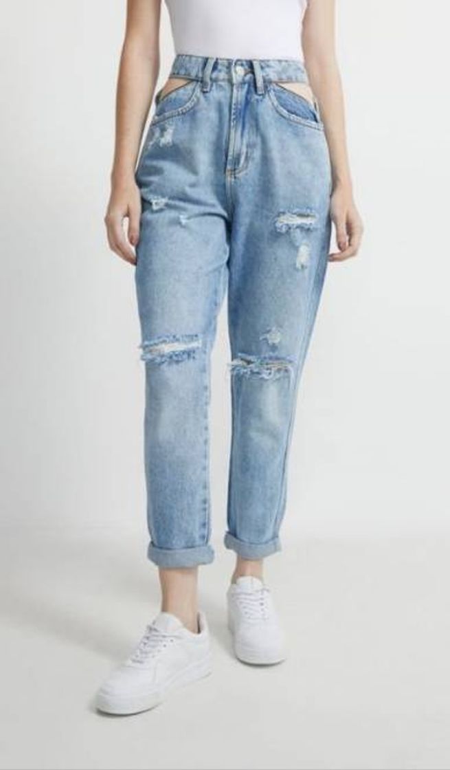 Fashion Calça mom jeans com vazado nos bolsos  