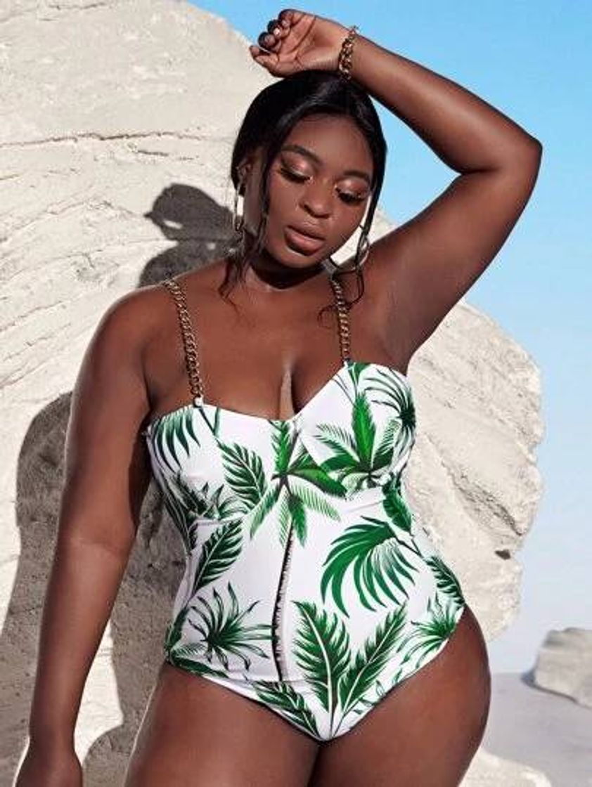 Fashion Plus Palm Tree Print Chain Strap One Piece Swimsuit | SHEIN USA